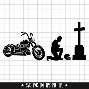 Motorcycle Rider Kneeling Praying at Memorial Cross