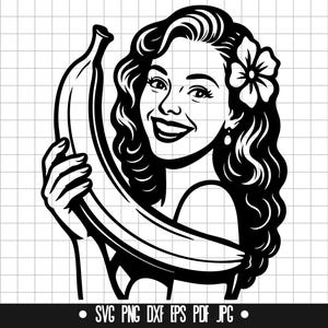 Banana Grande Svg, Mulher Retro com Banana SVG, Mulher Retro com Banana DXF, PNG, Arquivo de Corte, Clipart, Arquivo Digital, Silhueta, Download Instantâneo