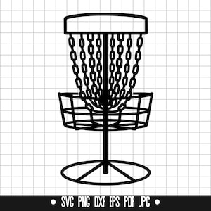 May include: Black and white silhouette of a disc golf basket with a chain link top and a round base.