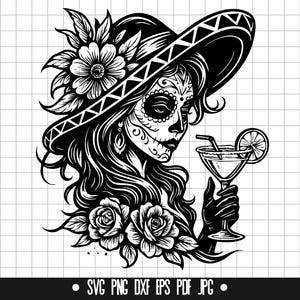 Donna teschio di zucchero in formato SVG, Giorno dei morti in formato PNG, Dia de Los Muertos in formato DXF, File di taglio "Calavera Lady", Clipart di teschio messicano