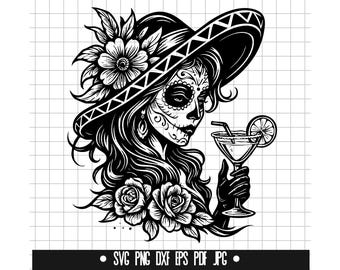 Sugar Skull Woman SVG, Day of the Dead PNG, Dia de Los Muertos DXF, Calavera Lady Cut-bestand, Mexicaanse schedel Clipart