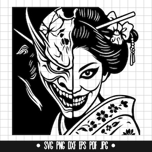 Onimasker Geisha SVG, Japanse horror DXF, gezicht gesplitst PNG, clipart, gesneden bestand, SVG-bestand, silhouet, Instant Download
