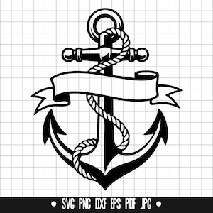 May include: A monochrome nautical anchor design with a banner for text. The anchor features a rope wrapped around the central shaft. The bottom of the image includes the text: SVG PNG DXF EPS PDF JPG.