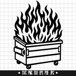 May include: Black and white graphic of a dumpster on fire. The dumpster is rectangular with wheels and handles. Flames are stylized and rise above the container. The bottom of the image includes the text "SVG PNG DXF EPS PDF JPG".