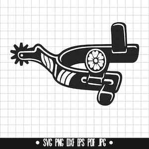 Puede incluir: Una ilustración en blanco y negro de una espuela de vaquero con un diseño decorativo. La espuela tiene una punta puntiaguda y una espuela en forma de rueda.