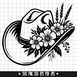Cowboy Hat Flowers SVG, Cowboy Hat Flowers DXF, Cowboy Hat Flowers PNG, Hat Cut File, Clipart, Digital File, Silhouette, Instant Download