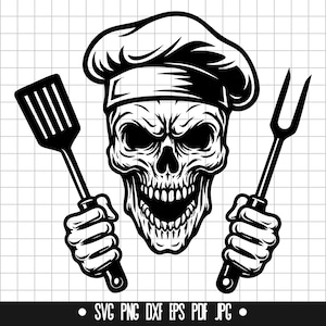 Puede incluir: Ilustración en blanco y negro de una calavera con un gorro de cocinero y sosteniendo una espátula y un tenedor.