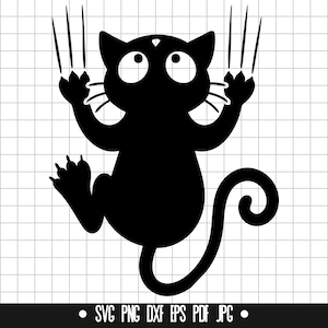 May include: A black cat silhouette with large eyes and claws extended, as if scratching. The cat has a curved tail and is set against a grid background. The bottom of the image includes the text: SVG PNG DXF EPS PDF JPG.