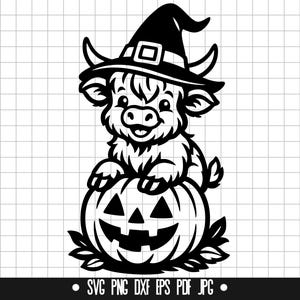 May include: A black and white graphic of a Highland cow wearing a witch hat, sitting on a carved pumpkin. The pumpkin has a smiling face and is surrounded by leaves. The image is a Halloween-themed design.