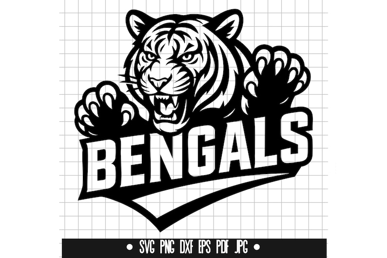 May include: Black and white illustration of a tiger with its claws out, roaring with the word "Bengals" in a banner below.