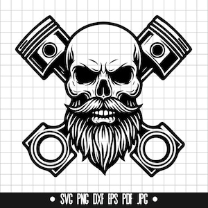May include: Black and white illustration of a skull with a beard, wearing a pair of crossed piston rings.