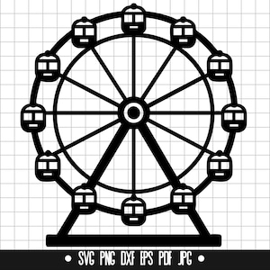以下が含まれることがあります： 観覧車の白黒イラスト。乗客用ゴンドラ、スポーク、中央ハブを備えた観覧車がデザインされています。画像の下部には、SVG、PNG、DXF、EPS、PDF、JPGのファイルタイプオプションが含まれています。
