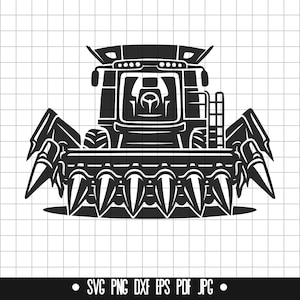 May include: Black and white silhouette of a combine harvester with a header, a large machine used for harvesting crops.