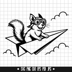 May include: A monochrome illustration of a squirrel wearing spectacles, riding a paper aeroplane, with clouds. The squirrel is smiling. The image includes the text: SVG PNG DXF EPS PDF JPG.