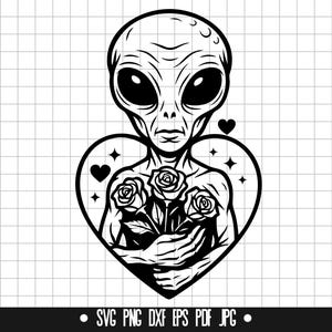 Coeur extraterrestre SVG, extraterrestre tenant des roses PNG, la Saint-Valentin Alien DXF, mignon créature de l'espace couper fichier, amour Alien Clipart