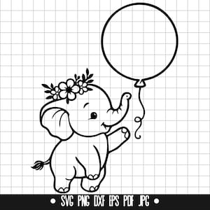 Może przedstawiać: Czarno-biała ilustracja słonia-niemowlęcia w koronie kwiatowej, trzymającego balon. Słoń się uśmiecha i ma duże uszy. Balon jest okrągły. Obraz zawiera tekst "SVG PNG DXF EPS PDF JPG".