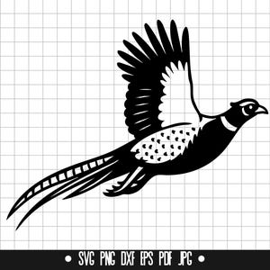 May include: Black and white illustration of a pheasant in flight. The bird is depicted with its wings spread, showcasing detailed feather patterns. The image includes file type notations: SVG, PNG, DXF, EPS, PDF, and JPG.