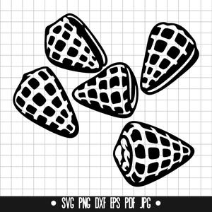 May include: Five black and white illustrations of seashells with a waffle-like texture.