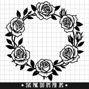 May include: A black and white floral wreath design with roses and leaves. The wreath is circular with roses evenly spaced around the edge. The bottom of the image includes the text "SVG PNG DXF EPS PDF JPG".