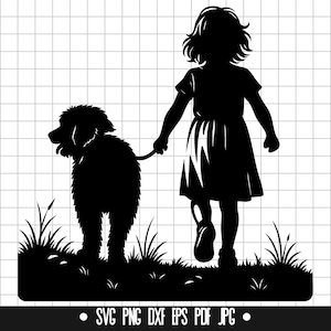 Girl and Dog SVG, Girl Silhouette DXF, Walking Dog PNG, Pet Cut File, Child Clipart, Svg File, Instant Download