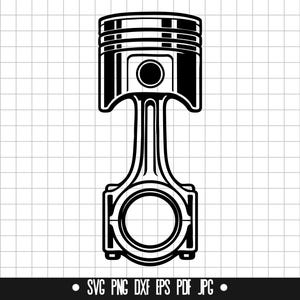 Puede incluir: Ilustración en blanco y negro de un pistón de motor. El pistón tiene una cabeza cilíndrica, una biela y una base circular. La imagen incluye los tipos de archivo: SVG, PNG, DXF, EPS, PDF y JPG.