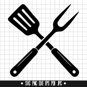 May include: Black and white illustration of a spatula and a fork crossed over each other. The spatula has a slotted head and a long handle. The fork has two tines. The bottom of the image has the text "SVG PNG DXF EPS PDF JPG".