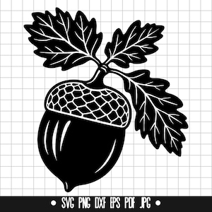 Puede incluir: Gráfico en blanco y negro de una bellota con hojas. La bellota tiene una tapa texturizada y un cuerpo liso, conectada a dos hojas. La imagen incluye indicadores de tipo de archivo: SVG, PNG, DXF, EPS, PDF, JPG.