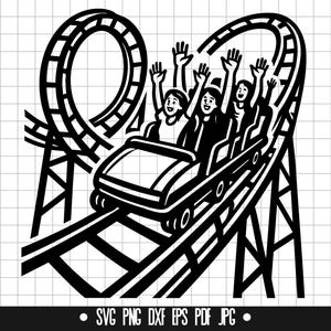Könnte beinhalten: Schwarz-Weiß-Illustration einer Achterbahn mit vier Personen, die ihre Hände heben. Der Wagen fährt eine steile Steigung hinauf, mit einer Schleife im Hintergrund. Das Bild enthält die Dateitypen: SVG, PNG, DXF, EPS, PDF und JPG.