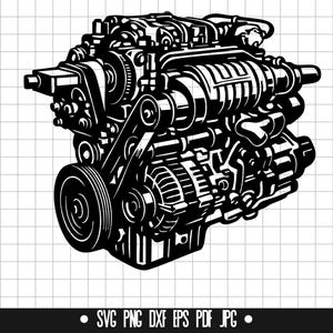 Puede incluir: Una ilustración en blanco y negro de un motor de coche detallado con varios componentes, incluyendo una correa, poleas y mangueras.