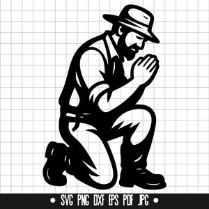 Contadino in preghiera SVG, Uomo di campagna inginocchiato DXF, Preghiera rurale PNG, File tagliato, Clipart, File Svg, Silhouette, Download istantaneo