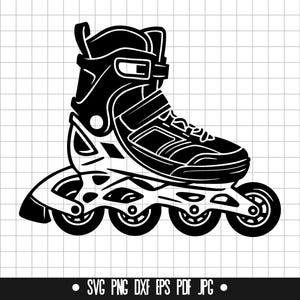 Peut inclure: Illustration en noir et blanc d'un patin à roulettes à quatre roues. Le patin a une tige haute et une sangle autour de la cheville.