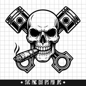 Cigar Skull Car Garage Mechanic SVG, Piston Skull DXF, Cigar Skull PNG, Skull Cut File, Clipart, Digital File, Svg File, Instant Download