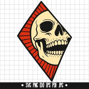 May include: A stylized skull illustration within a red and black diamond shape. The skull is cream-colored with black eye sockets and a wide open mouth. The image includes the text "SVG PNG DXF EPS PDF JPG".