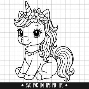 以下が含まれることがあります： パールネックレス、花の冠、渦巻きの角を持つ、座っているユニコーンの白黒イラスト。ユニコーンは長く流れる髪とカールした尾を持っています。画像には、ファイルタイプ: SVG、PNG、DXF、EPS、PDF、JPG が含まれています。