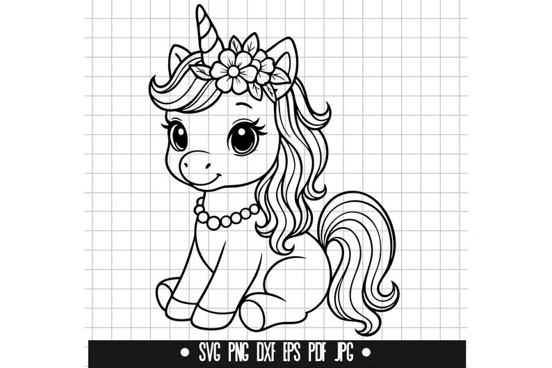 May include: A black and white illustration of a seated unicorn with a pearl necklace, a flower crown, and a spiraled horn. The unicorn has long, flowing hair and a curled tail. The image includes the file types: SVG, PNG, DXF, EPS, PDF, and JPG.