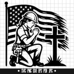 Weiblicher Bauarbeiter Bauarbeiter Gebet SVG, Gedenkkreuz und Flaggen-Denkmal DXF, kniender Arbeiter PNG, Schneidedatei, digitale Clipart