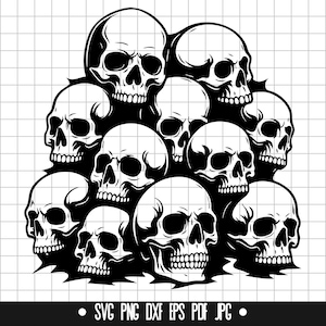 Puede incluir: Una ilustración en blanco y negro de una pila de cráneos. Los cráneos están dispuestos en un patrón aleatorio y todos miran hacia adelante. La imagen es un elemento de diseño gráfico que podría utilizarse para una variedad de propósitos, como un diseño de camiseta, un banner de sitio web o una publicación en las redes sociales.