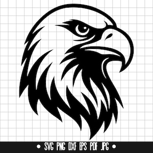 May include: Black and white silhouette of an eagle's head with a sharp beak and intense eyes. The eagle's feathers are detailed and create a fierce and powerful image.