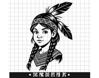 Native Girl SVG, Tribal Girl DXF, Indian Girl PNG, Portrait Cut File, Clipart, Svg File, Instant Download