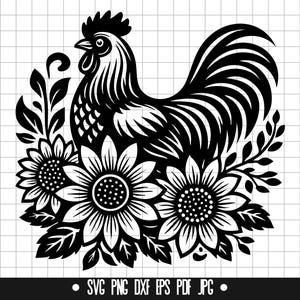 Galo e Girassol SVG, Arquivo de Corte de Frango, Animal de Fazenda PNG, Clipart de Galinha Floral, Decoração de Casa de Fazenda, DXF PDF JPG EPS