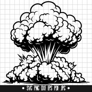 May include: Black and white illustration of a large cartoon explosion with a cloud of smoke and a burst of energy.