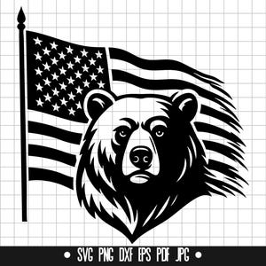 May include: Black and white illustration of a bear's head with the American flag behind it.