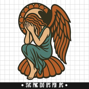 Ángel llorando SVG, Ángel de duelo DXF, PNG de luto, Clipart de ángel caído, Archivo de corte de alas, Descarga digital