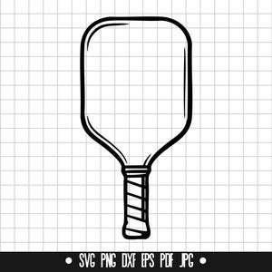 May include: A black and white line drawing of a pickleball paddle. The paddle has a rounded head and a long handle.