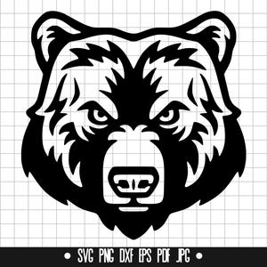May include: A black and white graphic of a bear's head, featuring detailed fur and an intense expression. The image includes file type indicators: SVG, PNG, DXF, EPS, PDF, and JPG.