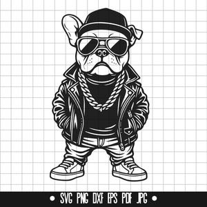 Bulldog SVG, Cool Dog DXF, Hip Hop Dog PNG, Dog Cut File, Clipart, Digital File, Svg File, Silhouette, Instant Download