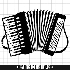 Könnte beinhalten: Schwarz-weiße Silhouette eines Akkordeons, ein Musikinstrument mit einem Blasebalg und einer Tastatur.