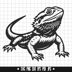 May include: Black and white line art illustration of a bearded dragon lizard. The lizard is facing to the right and has its mouth slightly open. The lizard has a spiky crest on its head and a long tail.