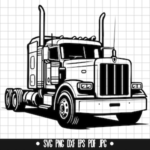 May include: A black and white illustration of a semi-truck with a large grill and two exhaust pipes. The truck has a cab and a trailer.