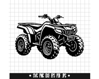 May include: Black and white illustration of an ATV, a four-wheeled all-terrain vehicle. The ATV has large, knobby tires and a detailed design. The image includes the text "SVG PNG DXF EPS PDF JPG" at the bottom.